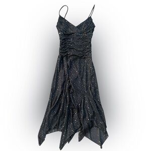 Ruby Rox Y2K Black Sequin Handkerchief Hem Dress Spaghetti Strap S/M